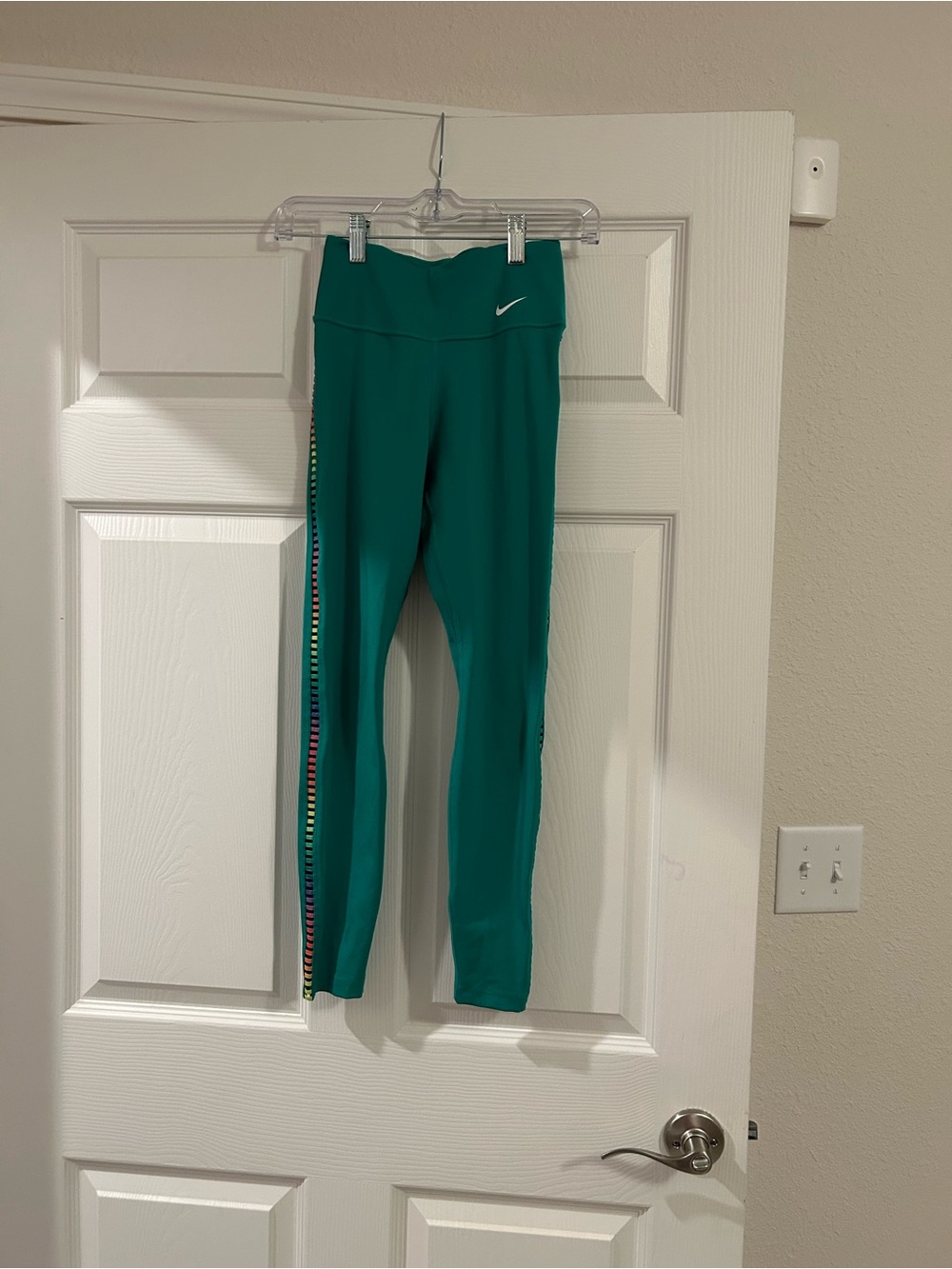 Nike Girls' Teal Leggings with Rainbow Side Stripe
